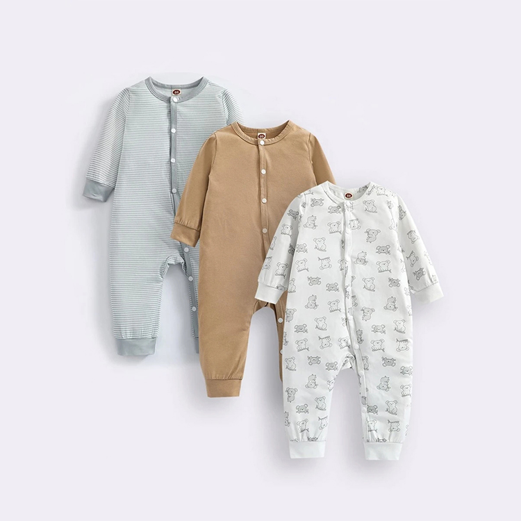 Spring Fall Baby Long Sleeve Rompers Round Neck Cartoon Graphic Striped Button Front Jumpsuit