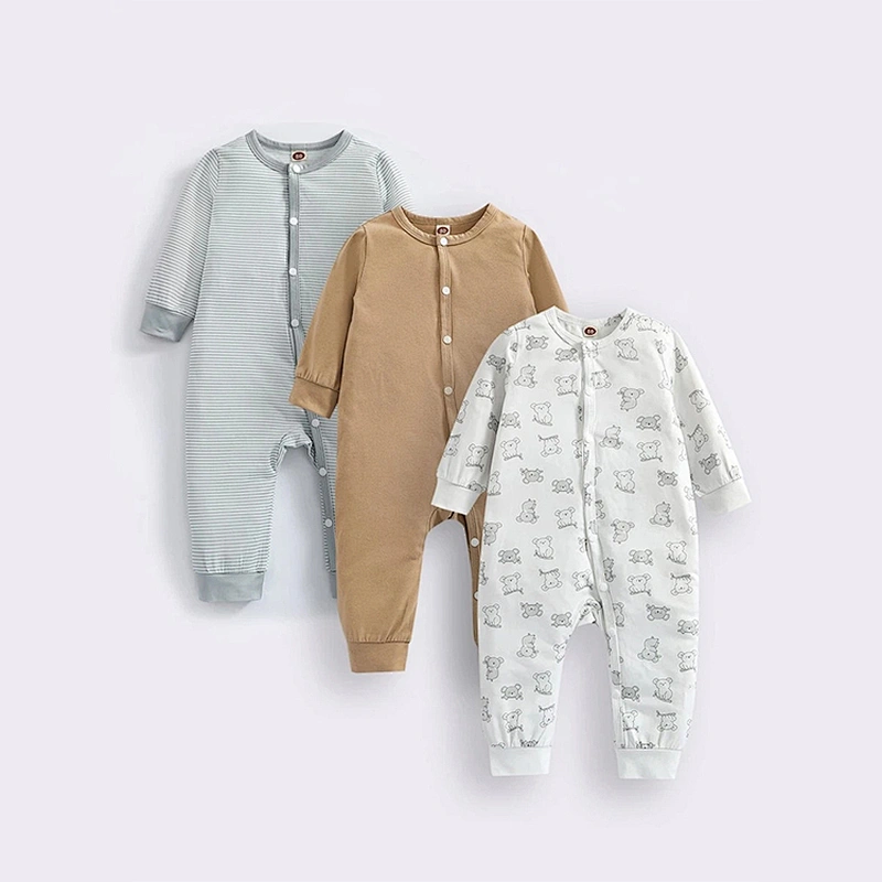 Spring Fall Baby Long Sleeve Rompers Round Neck Cartoon Graphic Striped Button Front Jumpsuit