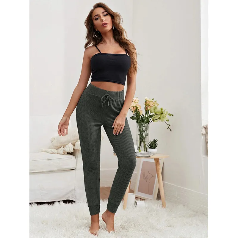 Custom Casual Pajama Pants Waffle Knit Tie Front Solid Women Lounge Pants