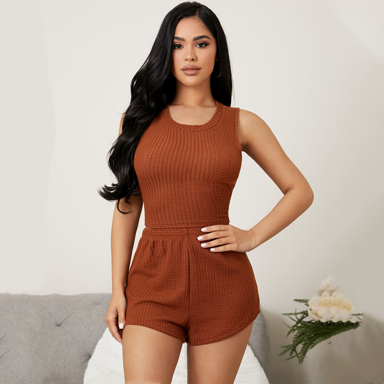 Waffle Knit Tank Top & Shorts Lounge Wear Sets Women Summer Wholesale Loungewear