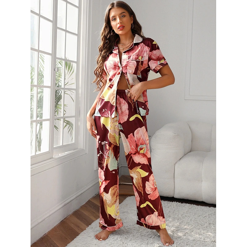 2022 New Custom Long Floral Silk Pyjamas Sleepwear Luxury Pajamas Pj Sets For Women