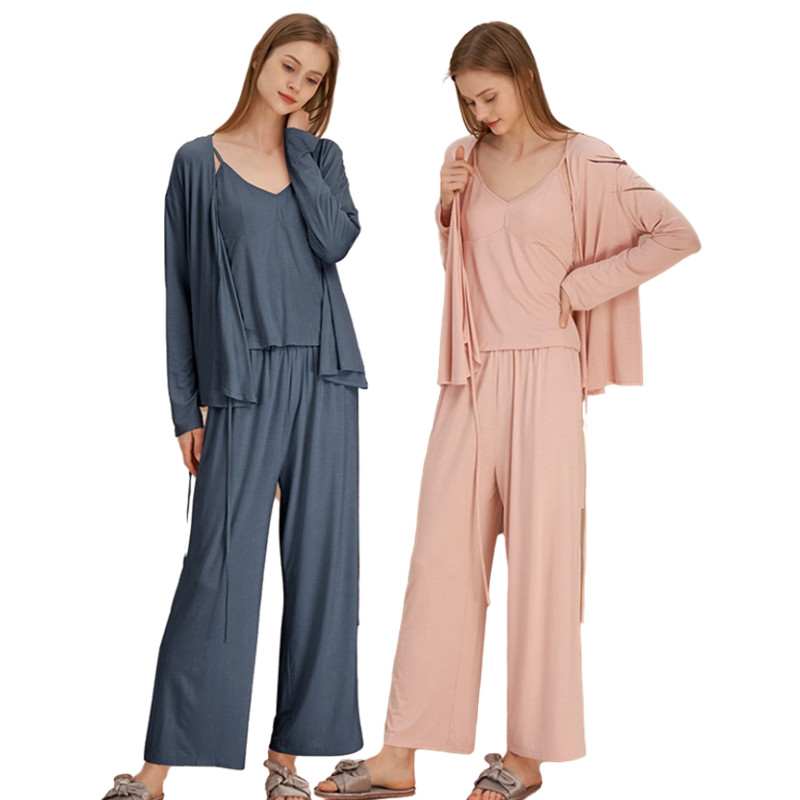 3 Pieces Solid Cami Top With Pajama Pants Bamboo Lounge Wear Sets Designer Women Cotton Pj Set