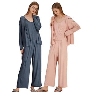3 Pieces Solid Cami Top With Pajama Pants Bamboo Lounge Wear Sets Designer Women Cotton Pj Set
