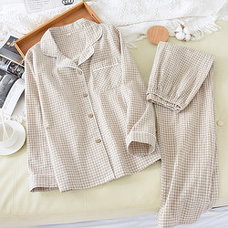 Cozy Woven Plaid Long Cotton Pj Sets  Designer Cozy Sleepwear Linen Women Pyjamas Sets