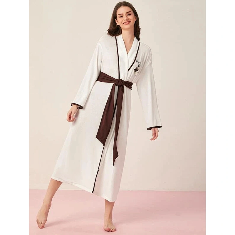 Cartoon Letter Graphic Wholesale Bathrobe Contrast Binding Belted Long Women Robes