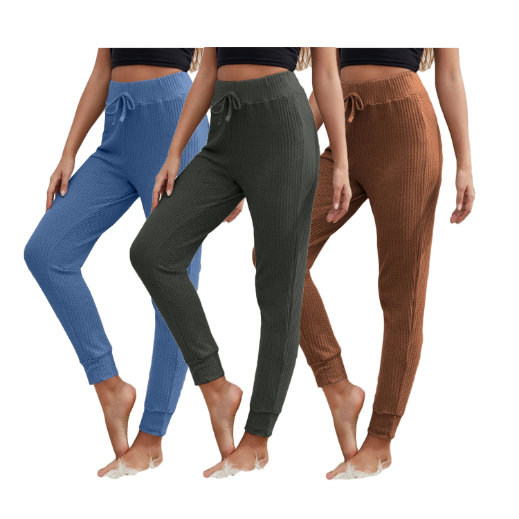 Custom Casual Pajama Pants Waffle Knit Tie Front Solid Women Lounge Pants