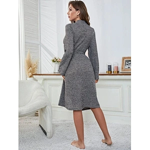 Long Sleeve Rib Knit Bath Robe Patched Detail Pocket Front Belted Cotton Robes Women