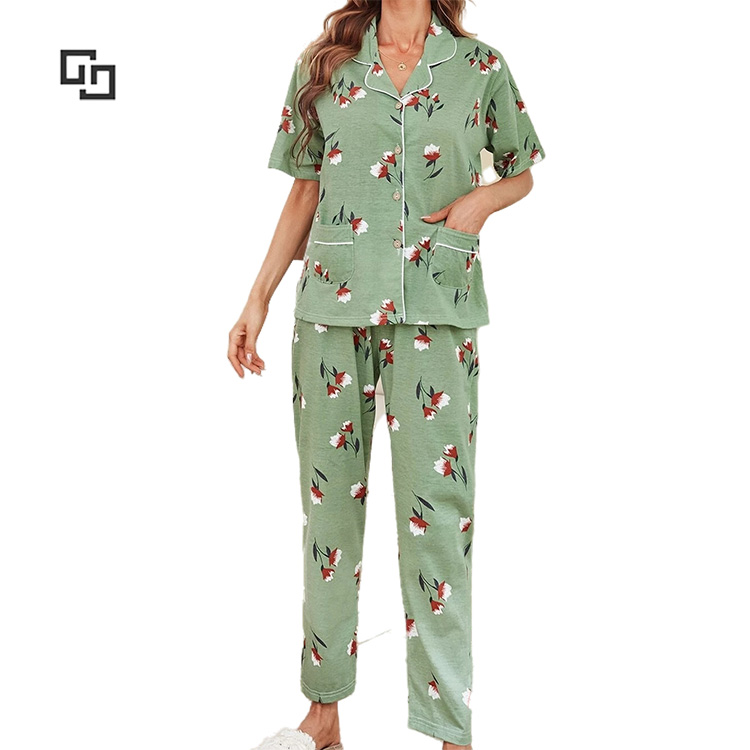 Mint Green Women's Pajamas Long Sleeve Floral Print Pajama Women Set Cotton Binding Womens Cotton Pajama Set