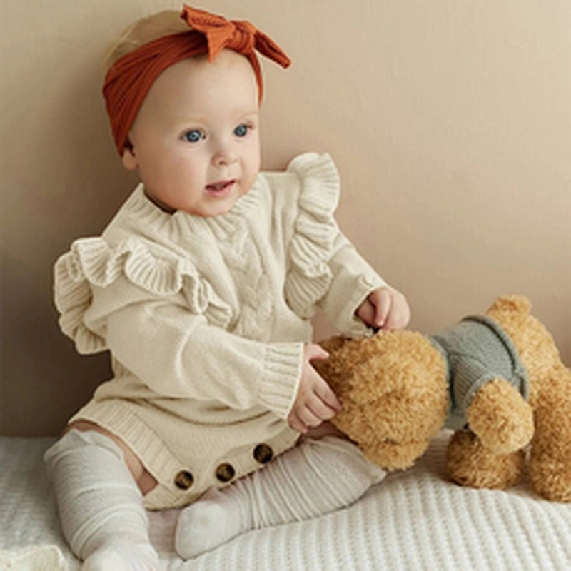 Baby Girls Boys Sweater Cotton Footless Pajamas Baby Ruffle Trim Cable Knit Romper With Headband