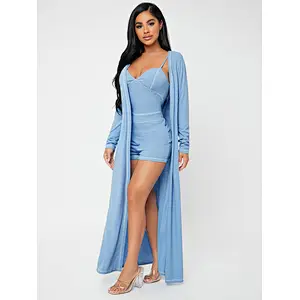 Rib-Knit Adult Onesie Top-stitching Longline Coat & Cami Romper Robe Set 2pc Pj Sets for Women