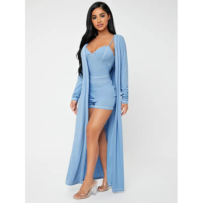 Rib-Knit Adult Onesie Top-stitching Longline Coat & Cami Romper Robe Set 2pc Pj Sets for Women