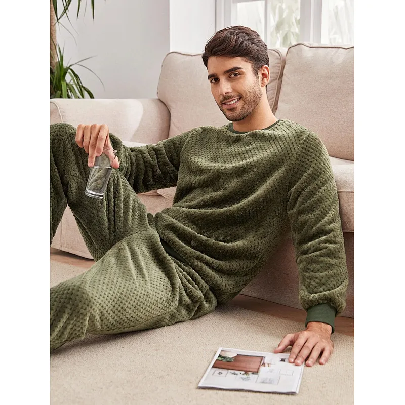 Casual Shearling Men's Sleepwear Contrast Trim Teddy Top & Pants with Cuff OEM Pajamas for Men