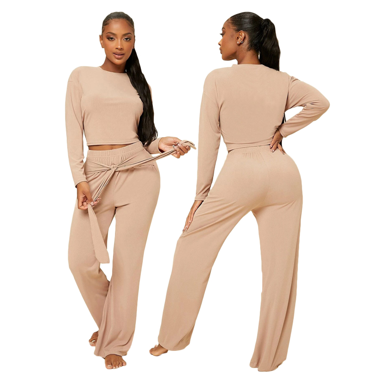 Ribbed Knit Loungewear Women Sets Drop Shoulder Top & Knotted Front Pants Lounge Wear