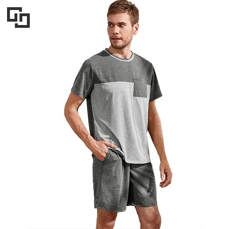 Patchwork Patch Pocket Sleepwear Men'S Cotton Short Pajamas Set Pyjamas