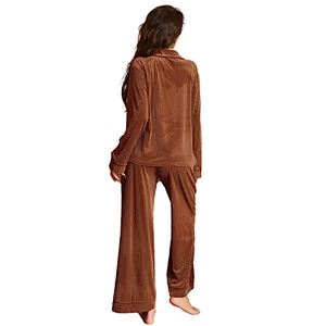 Wholesale Rib Knit Flannel Women Pajama Sets Piping Two Piece Fleece Winter Designer Pyjamas