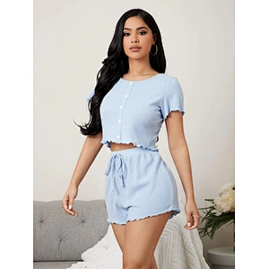 New Designer Bow Detail Lettuce Trim PJs Set for Women
