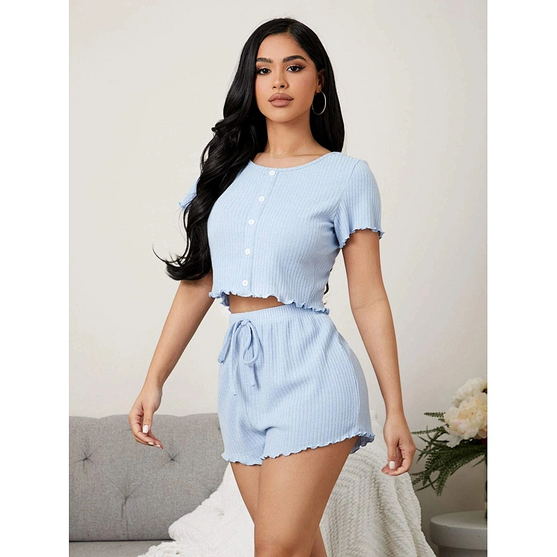 New Designer Bow Detail Lettuce Trim PJs Set for Women