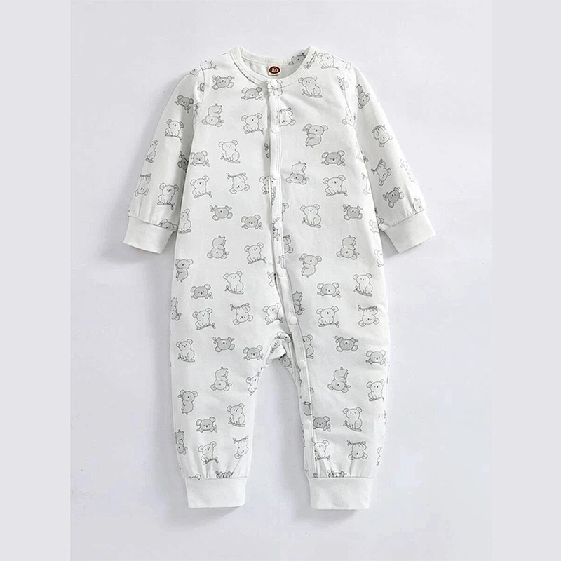 Spring Fall Baby Long Sleeve Rompers Round Neck Cartoon Graphic Striped Button Front Jumpsuit