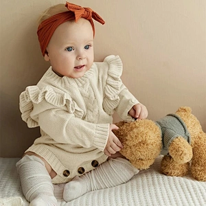 Baby Girls Boys Sweater Cotton Footless Pajamas Baby Ruffle Trim Cable Knit Romper With Headband