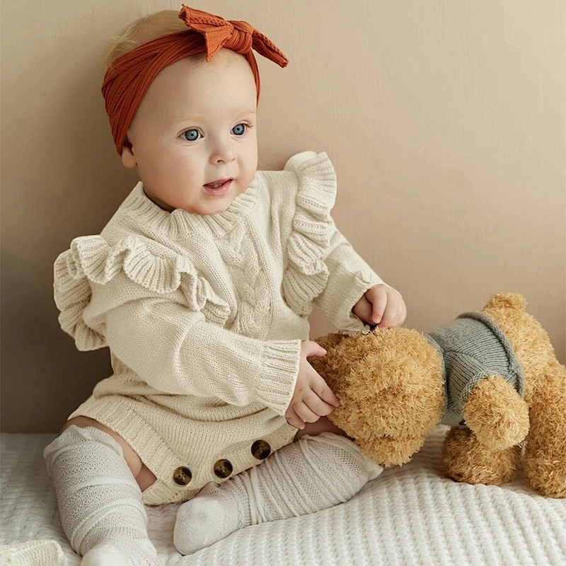 Baby Girls Boys Sweater Cotton Footless Pajamas Baby Ruffle Trim Cable Knit Romper With Headband