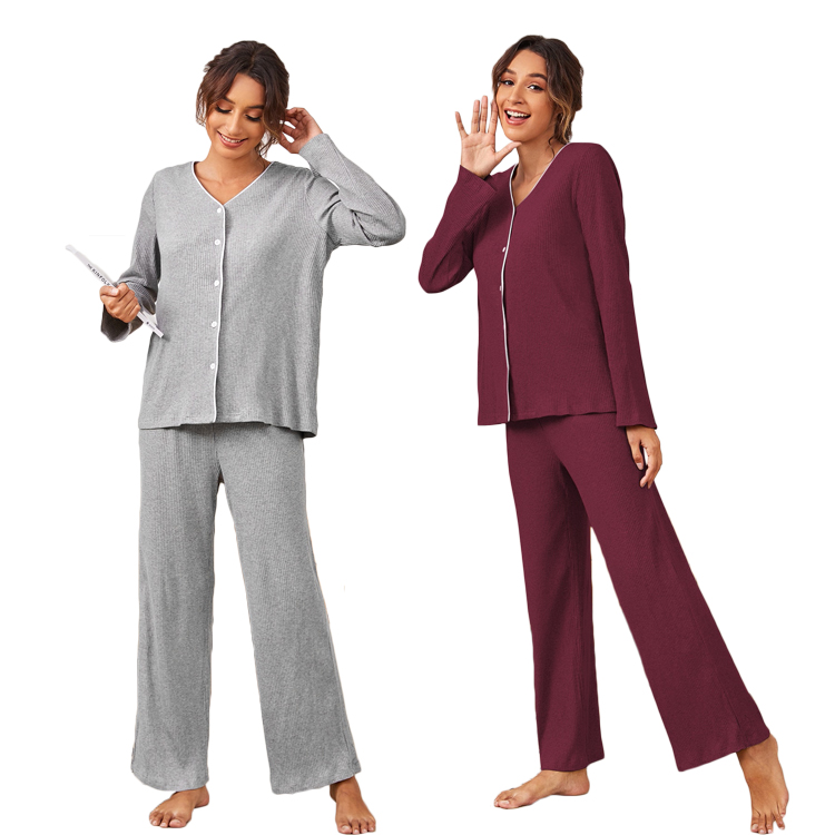 Long Sleeve Button Front V Neck Women Pyjamas Rib Knit Contrast Piping Custom Cotton Pajama Sets
