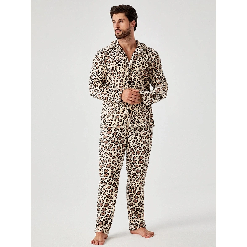 Men Leopard Print PJ Set Turkish Pajamas for Winter Adult Sleep Wear