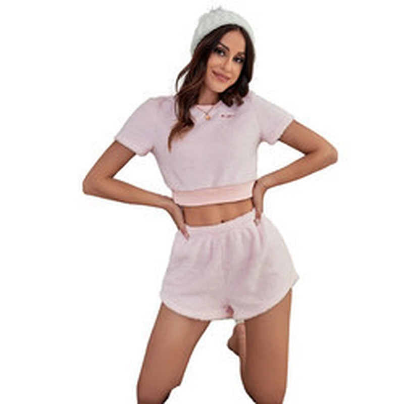 Letter Embroidery Flannel Femme Pyjamas Fleece Short Cozy Pajama Set Short Fuzzy Women Lounge Wear Set