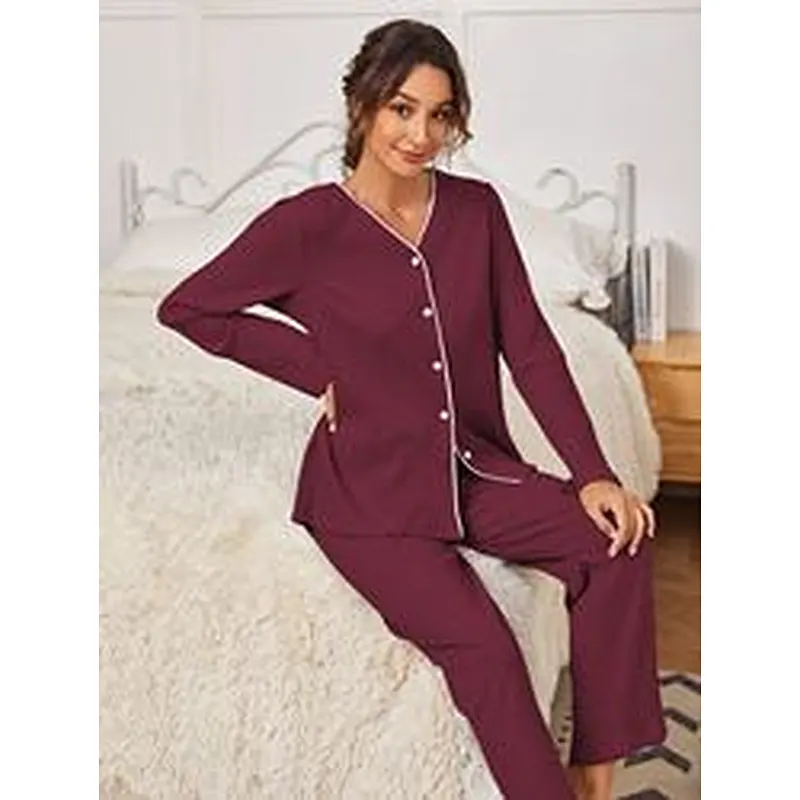 Long Sleeve Button Front V Neck Women Pyjamas Rib Knit Contrast Piping Custom Cotton Pajama Sets