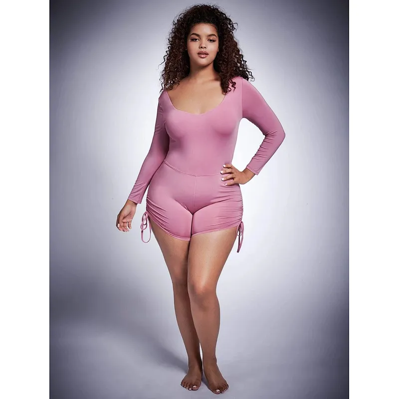 Scoop Neck Plus Size Jumpsuits Skinny Bodysuit Plus Drawstring Side Unitard Womens Romper