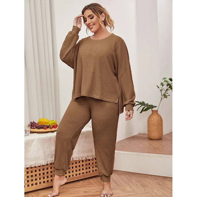 Custom Waffle Knit Women Waffle Pajama High Low Hem PJ Set Plus Size Pajamas