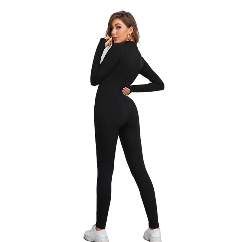Zipper Half Women Onesie Pajama Adult Sleepwear Solid Romper Girl Romper Long Sleeve Black Jumpsuits For Woman