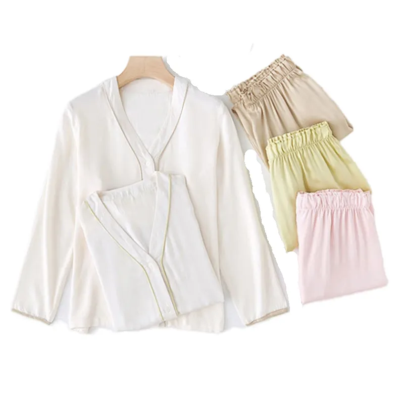 Piping Contrast Full Length Cozy Lounge Wear Solid Cotton Pajama Sets Viscose from Bamboo Pyjamas