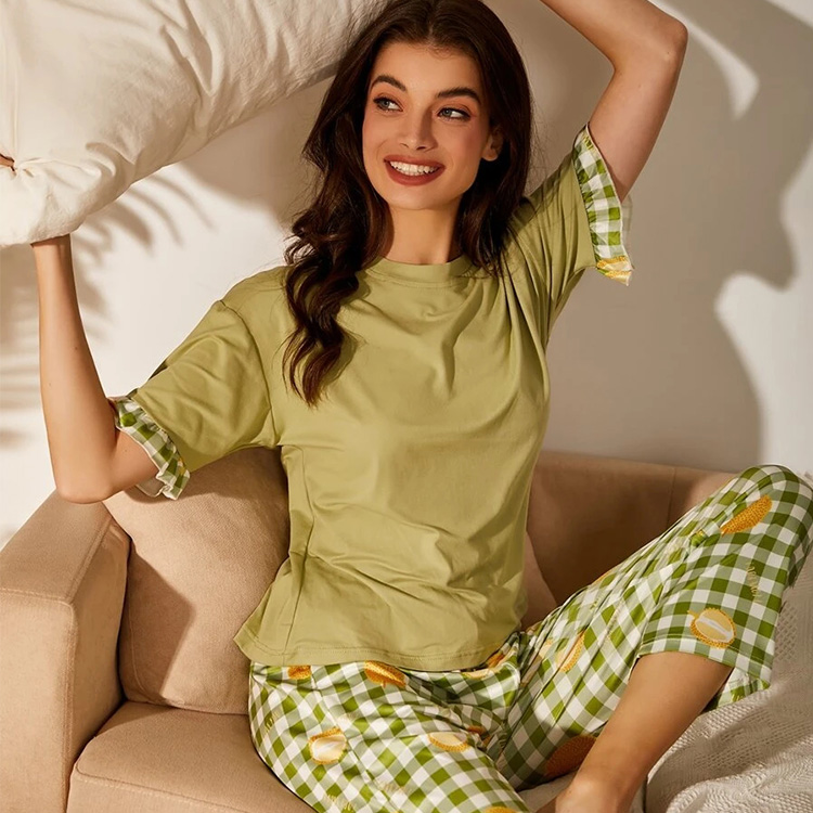 Designer Gingham & Durian Green Print Pajama 2 Pieces Matching Pant Knit Cotton Ruffle Lounge Sets