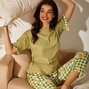 Designer Gingham & Durian Green Print Pajama 2 Pieces Matching Pant Knit Cotton Ruffle Lounge Sets