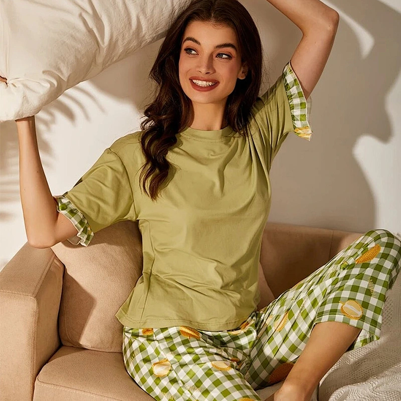 Designer Gingham & Durian Green Print Pajama 2 Pieces Matching Pant Knit Cotton Ruffle Lounge Sets