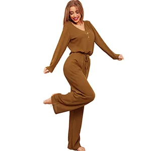 Cozy Femme Pyjamas Solid Waffle Tops With Pants Lounge Wear Set Designer Sleepwear Cotton Women Pajama Set