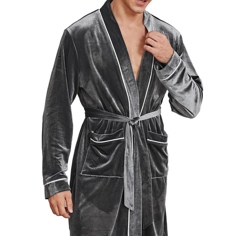 Piping Pocket Solid Belt Men Thick Fleece Robe Custom Designer Winter Flannel Bath Men Velvet Night Robe