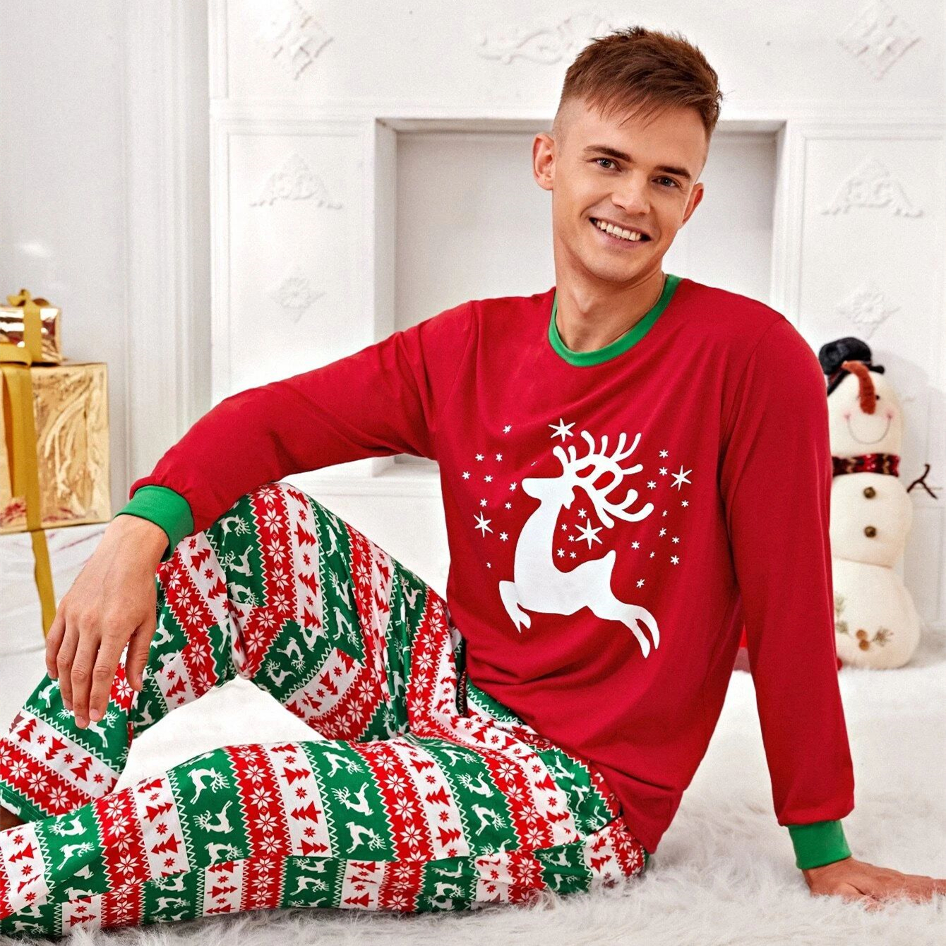 XMAS Holiday Men Sleepwear Custom Print Contrast Binding PJ Set Men Christmas Pajamas