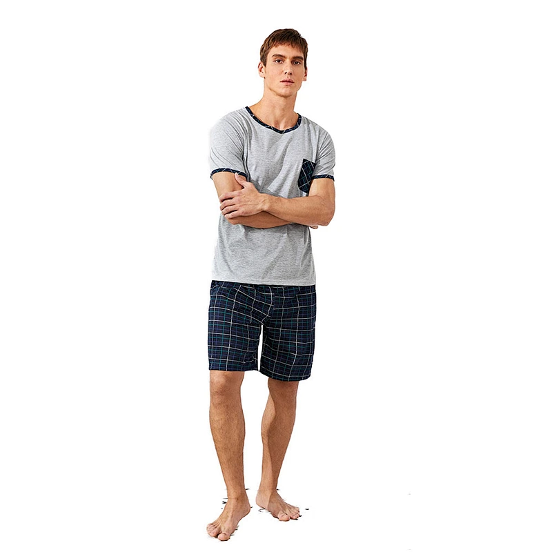 2021 Men Plaid Short Sleeve Tee & Shorts Wholesale Cotton Pajamas Pj Set