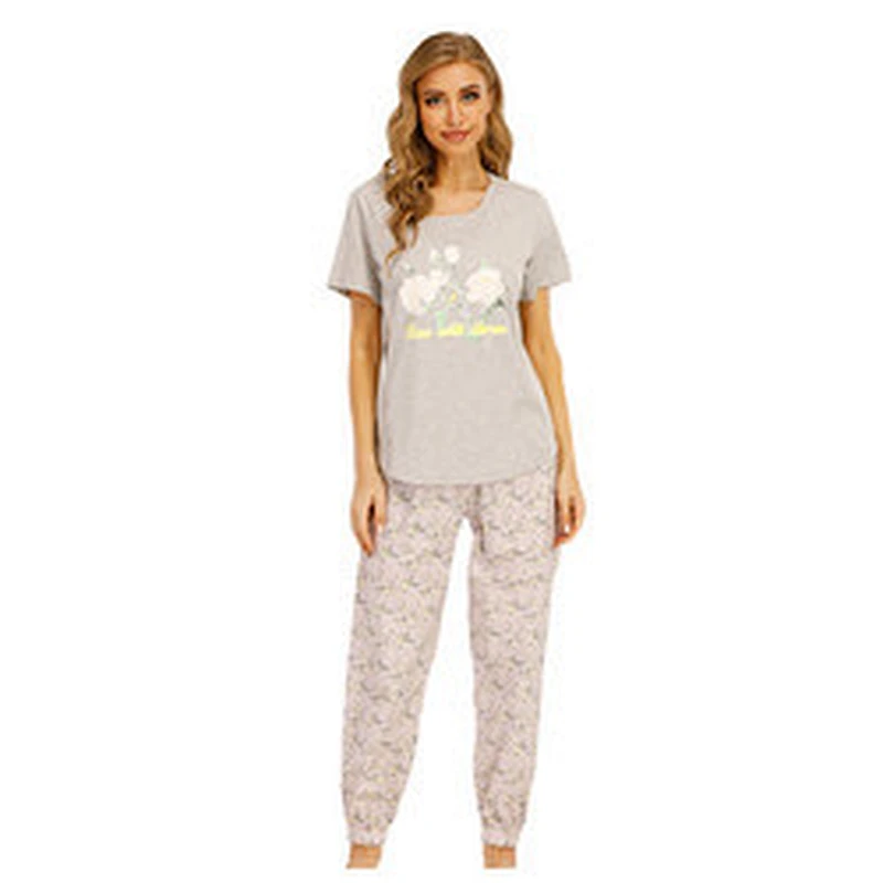 100% Cotton Short Printing Knitted Home Sleep wear Women Round-Collar OEM Popular Pyjamas Set