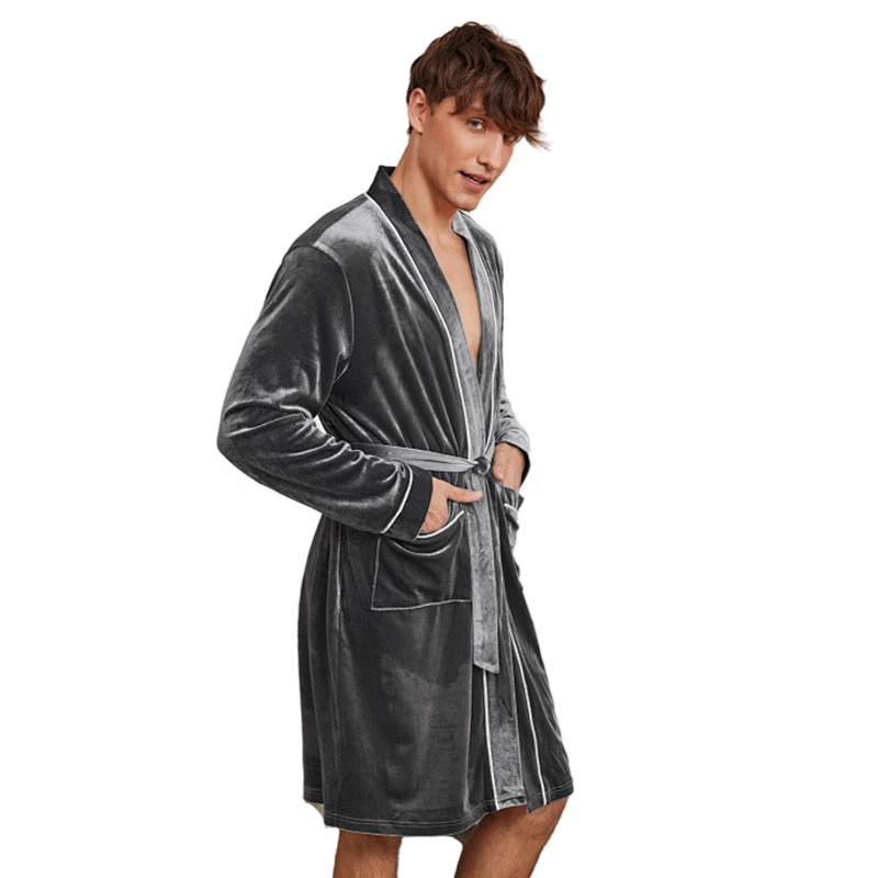 Piping Pocket Solid Belt Men Thick Fleece Robe Custom Designer Winter Flannel Bath Men Velvet Night Robe