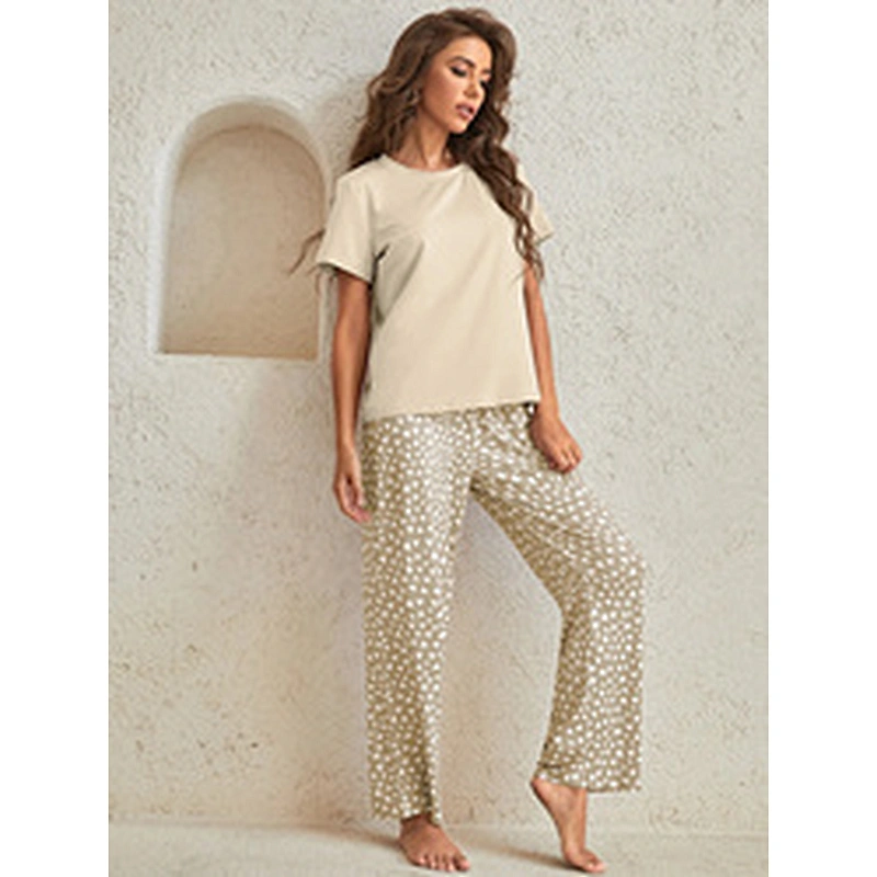 Solid Tee & Confetti Heart Print Pants Lounge Set  Casual Pyjama Wholesale Women Loungewear
