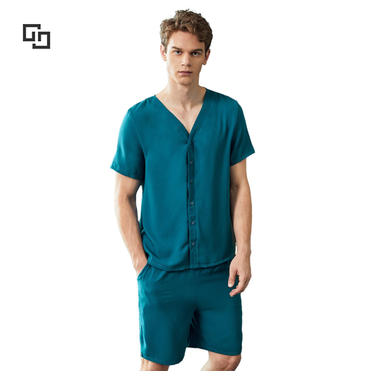 Men Luxury New Designer Solid Plain V Neck Shirt & Shorts PJ Set