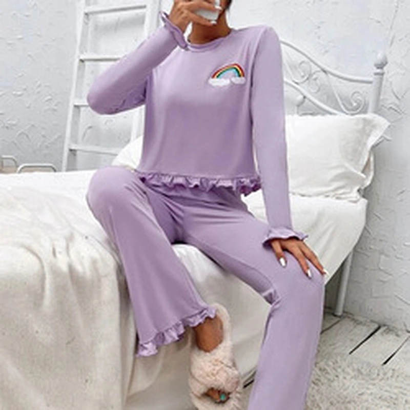2022 Lilac Purple Rainbow Print Flounce Sleeve Ruffle Hem Top & Pants Cotton Lounge Wear Set