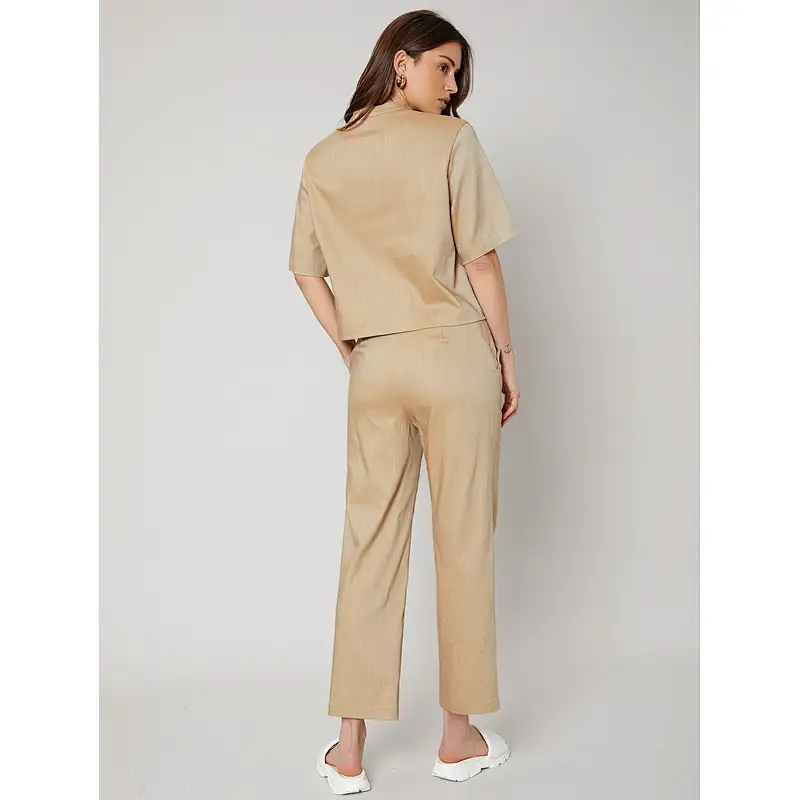 Casual Loungewear Straight Fit Short SleeveTop & Pants Set Womens Linen Set