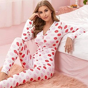 Allover Lips Print Full Length Adult Onesie for Women Pajamas Button Up Custom Sleep Jumpsuit Women
