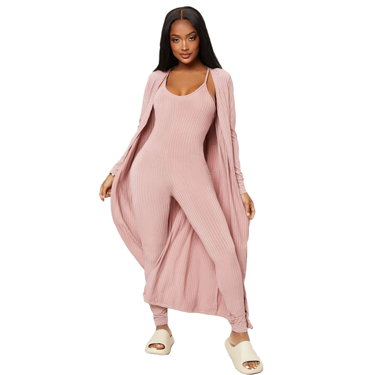 Custom 2 Piece Lounge Wear Sets Women Rib-knit Sleeveless Jumpsuit with Coat Loungewear