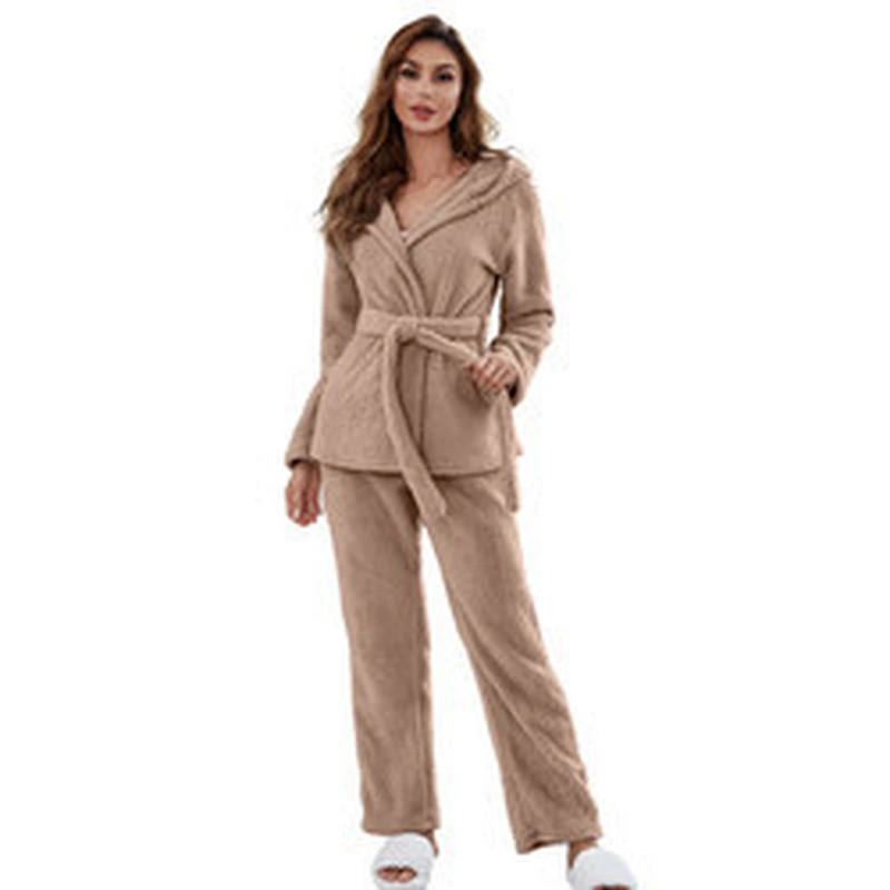 New Fleece Winter Belt Pyjama Pour Femmes Flannel Long Pjs Cozy Hooded Two Pieces Women Fuzzy Lounge Wear Sets