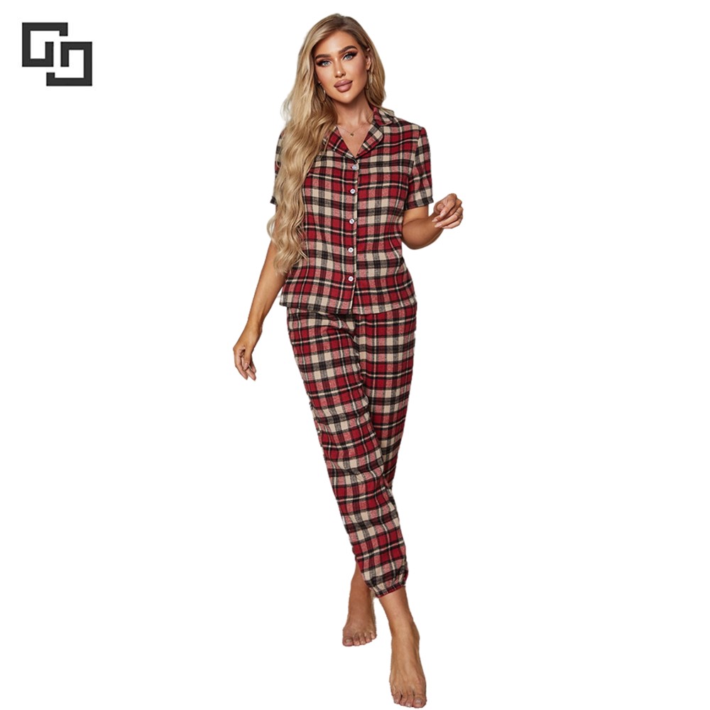 2022 New Fashion Women Plaid Button Through PJ Set Two Pieces Cotton Pajamas