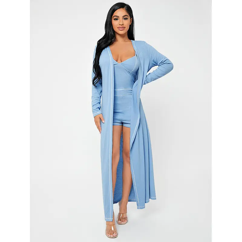 Rib-Knit Adult Onesie Top-stitching Longline Coat & Cami Romper Robe Set 2pc Pj Sets for Women